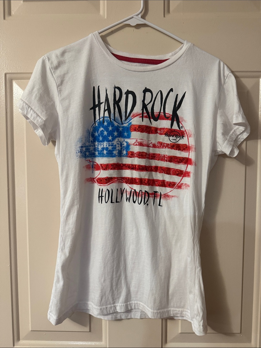 Hard Rock Cafe White Tee with sequin Red & Blue Flag Guitar Graphic